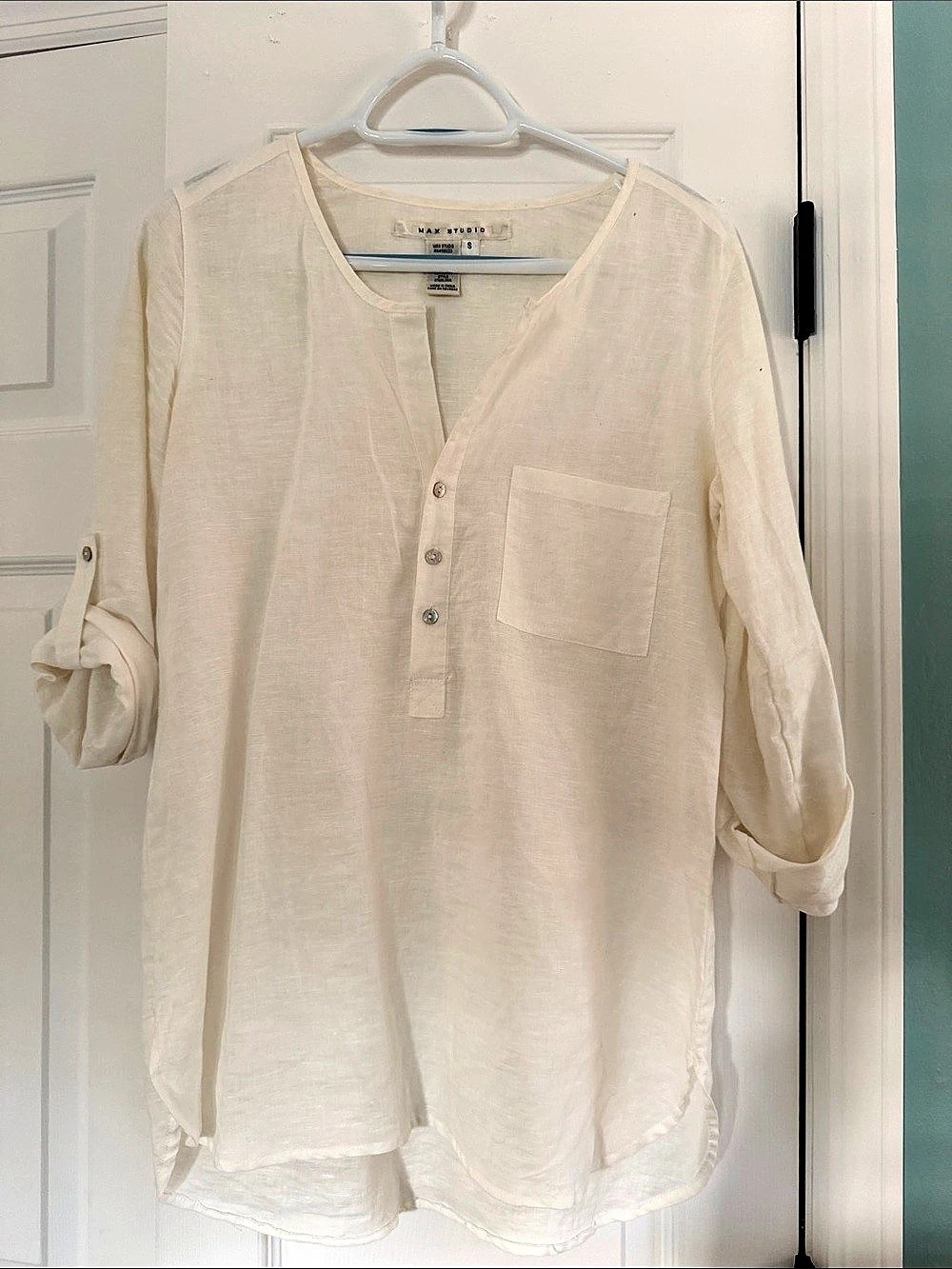 Max Studio Linen Cotton Roll Tab Sleeve Tunic Top Size Small